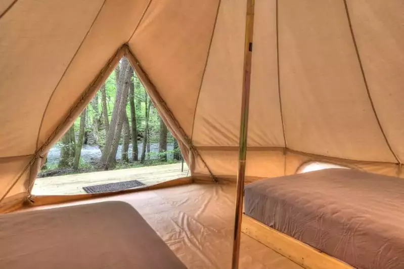 beds inside bell tent at Greenbrier