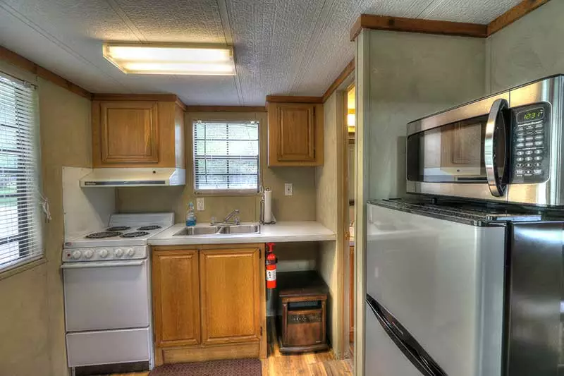 kitchen inside camping cabin at Greenbrier Campground