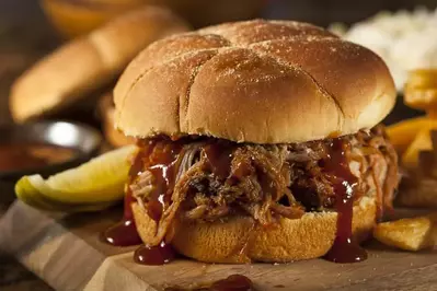 pulled pork sandwich with sauce and a pickle