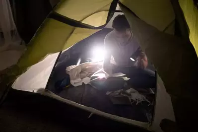 reading in tent by flashlight
