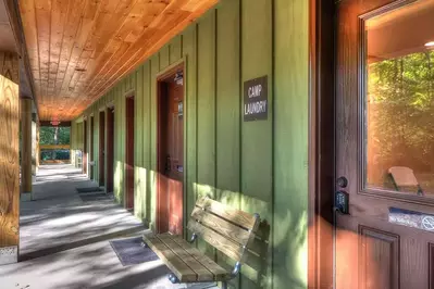 camp laundry building and sign