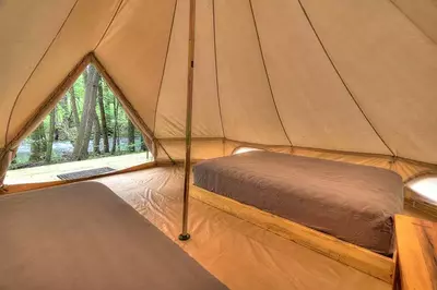 Inside bell tent at Greenbrier Campground in Smoky Mountains