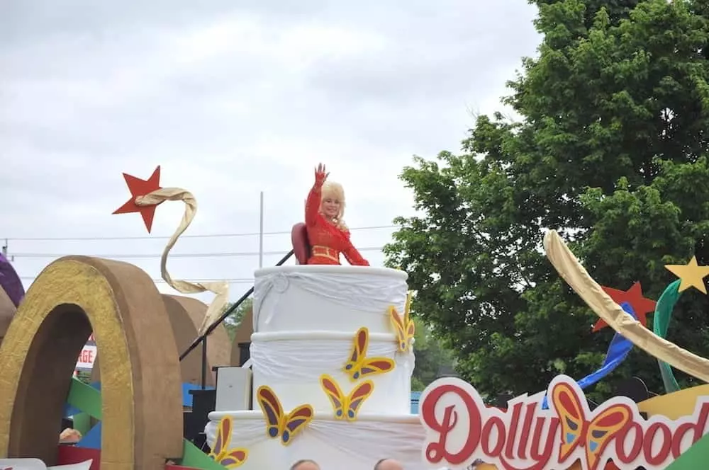 Photo of Dolly Parton at her annual parade in the Smoky Mountains.
