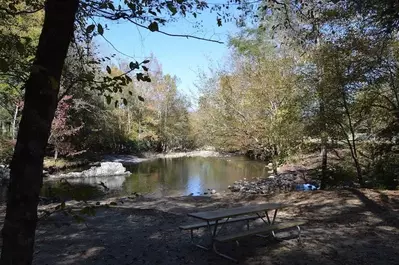 river and picnic table in the mountains