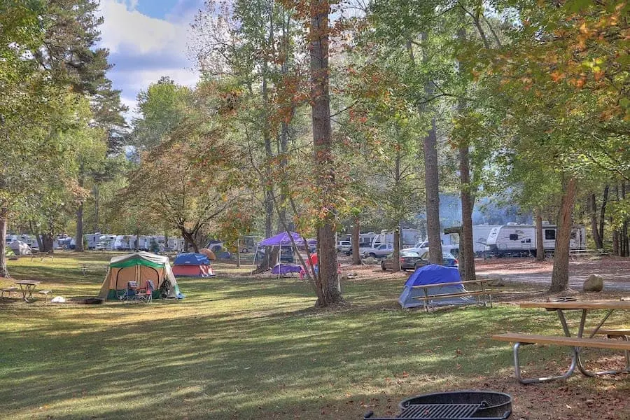 Colorful tents set up at Greenbrier Campground in Gatlinburg TN