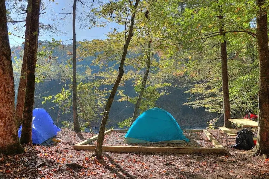 A tent by the river at Greenbrier Campground in the Smoky Mountains.