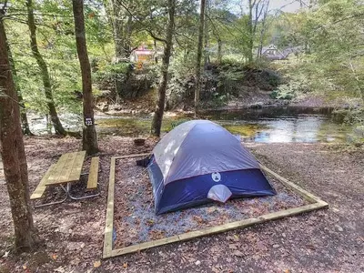 Blue and white tent