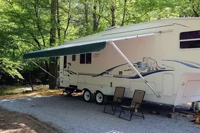 An RV at Greenbrier Campground in the Great Smoky Mountains.
