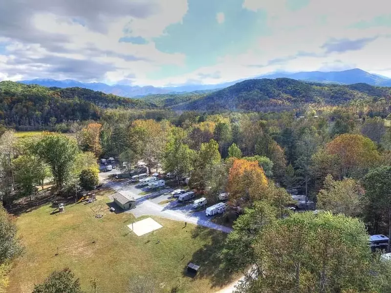 Beautiful aerial view of Greenbrier Campground in the Smoky Mountains.
