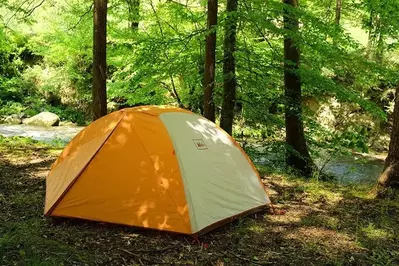 An orange tent at Greenbrier Campground.