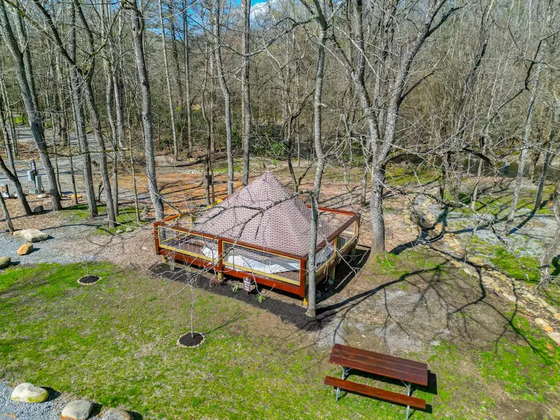 aerial view of a bell tent in the Smoky Mountains