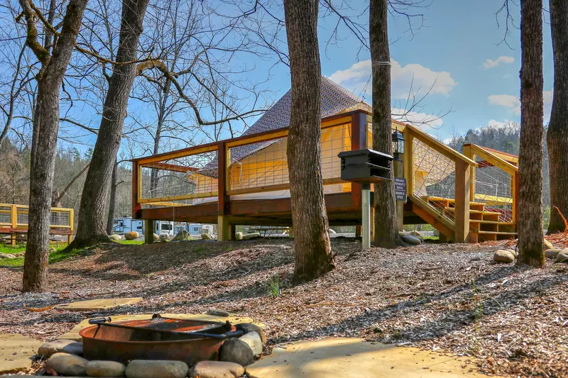 fire pit outside of a bell tent rental in the Smoky Mountains